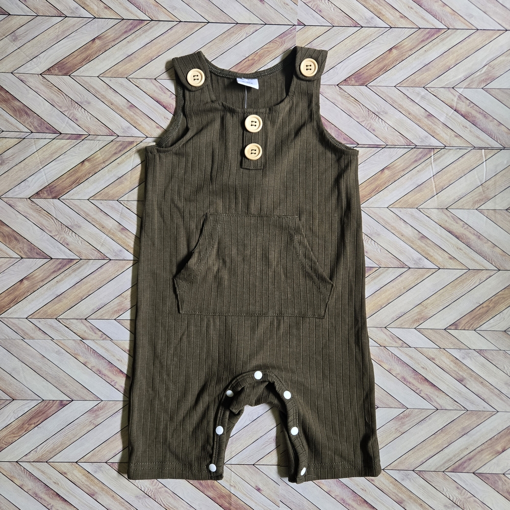 Baby Unisex Olive Green Ribbed Romper Overalls Front Pocket Snaps 6-9M Onepiece